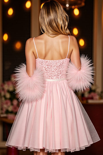 Sparkly Blush Corset Homecoming Dress With Feathers